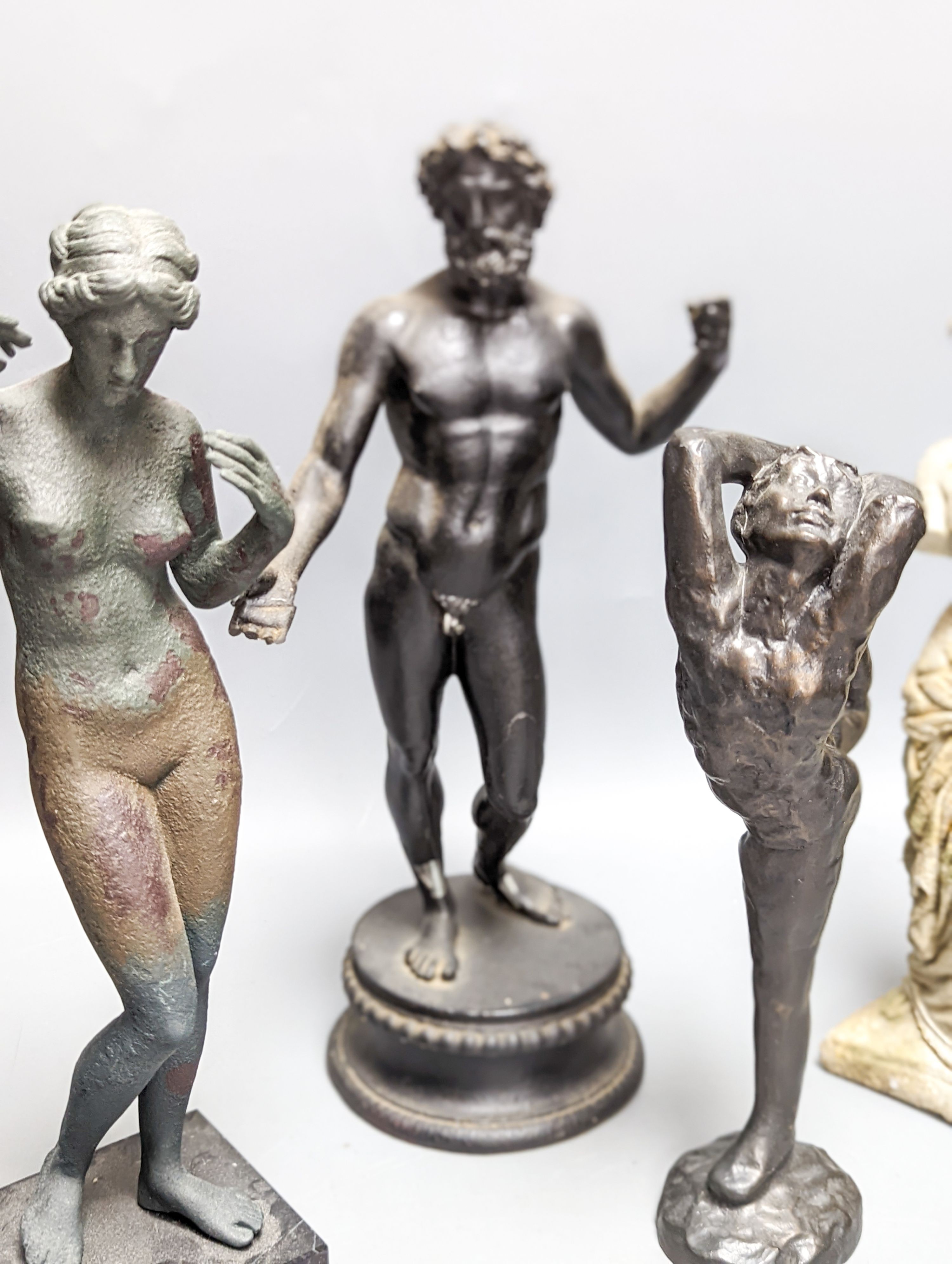 A reproduction composition classical female nude figure, together with three similar figures, 30cm